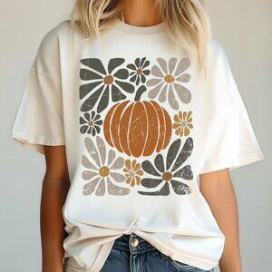 NEW Comfort Colors Boho Fall Floral Pumpkin Soft Cotton Crewneck Graphic T Shirt